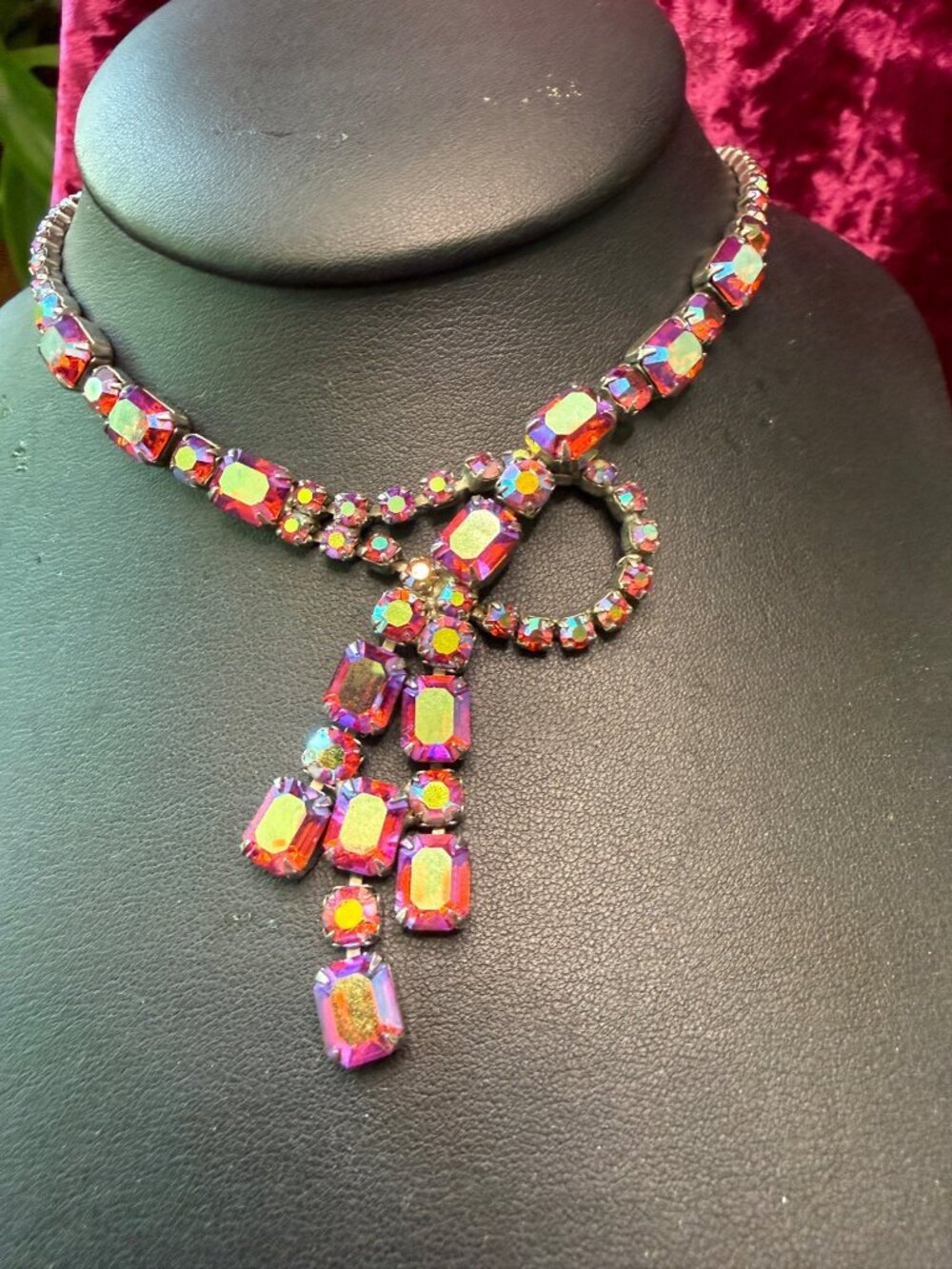 Vintage Aurora Borealis Rhinestone Necklace Tassel Drop 18 Inches Silver Tone